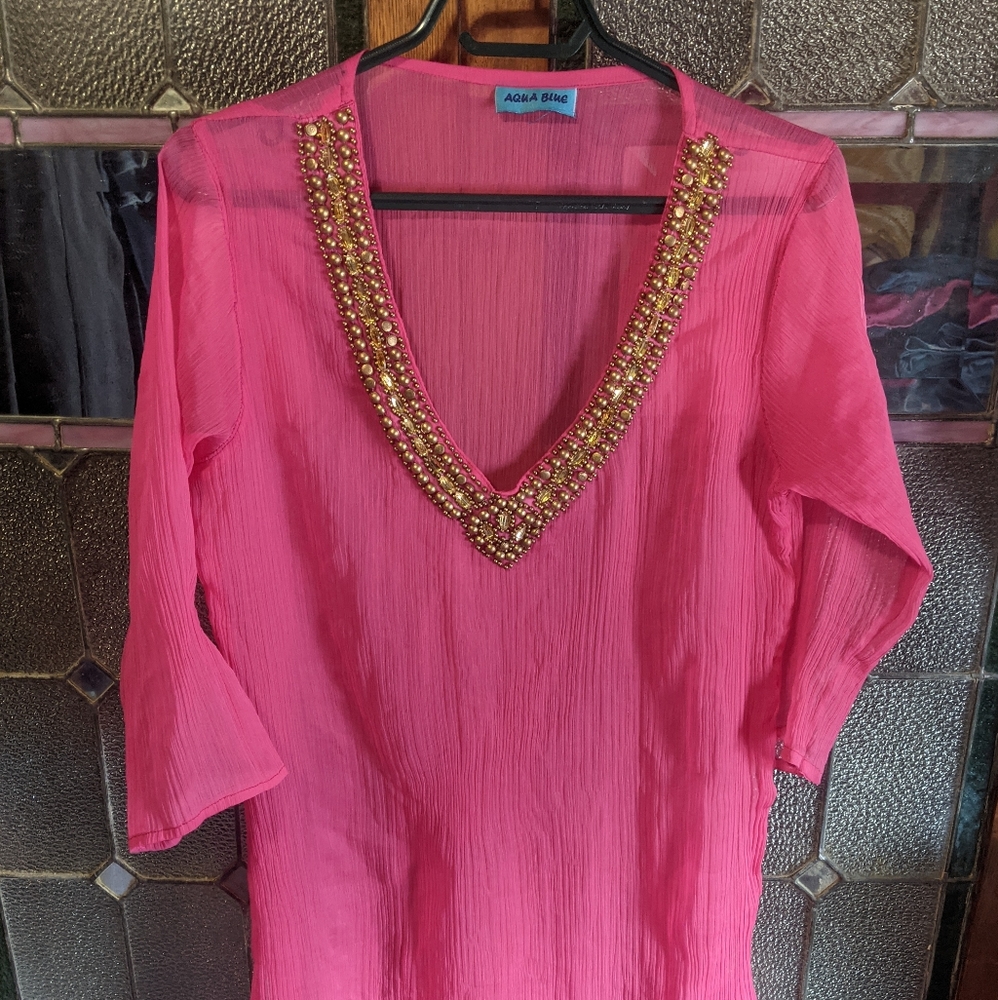Hot Pink Gold Studded Sheer Long Shirt